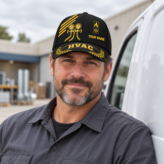 Personalized HVAC Asymmetric Gold Baseball Cap worn by an adult HVAC technician during a break
