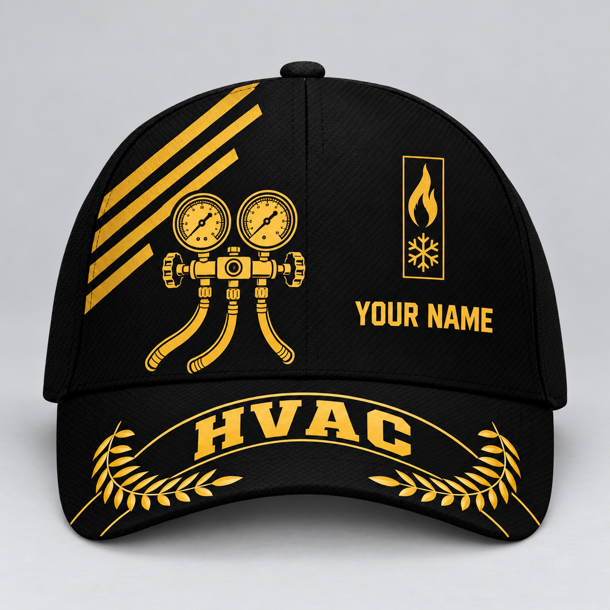 Personalized HVAC Asymmetric Gold Baseball Cap standalone product view