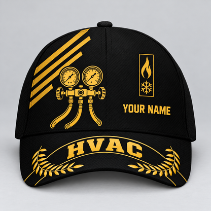 Personalized HVAC Asymmetric Gold Baseball Cap standalone product view
