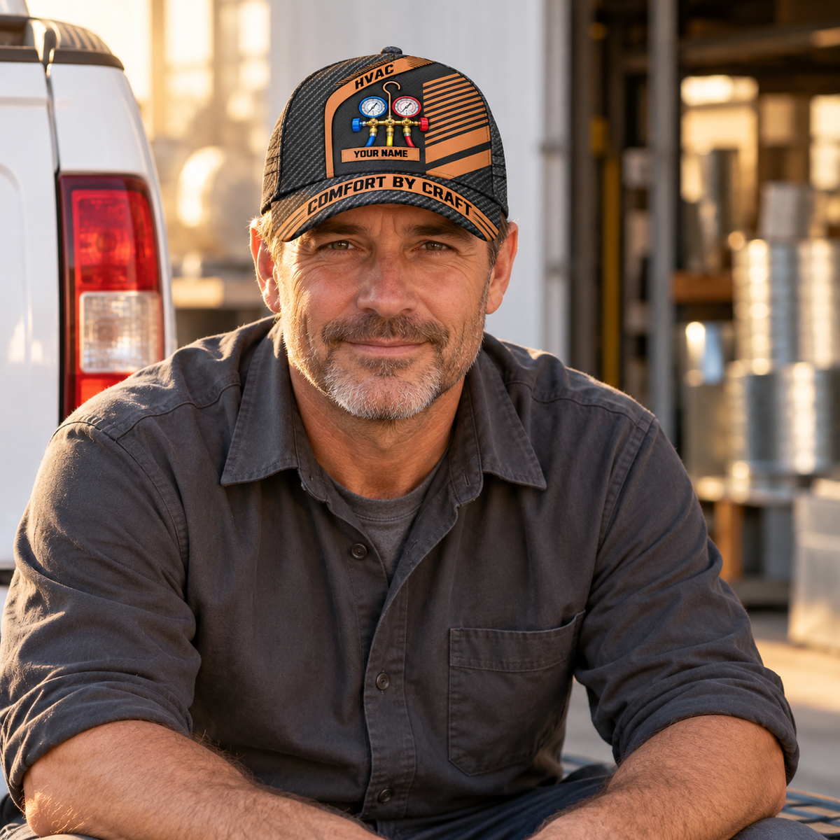 Personalized HVAC Diagonal Workshop Baseball Cap worn by an adult HVAC technician during a break