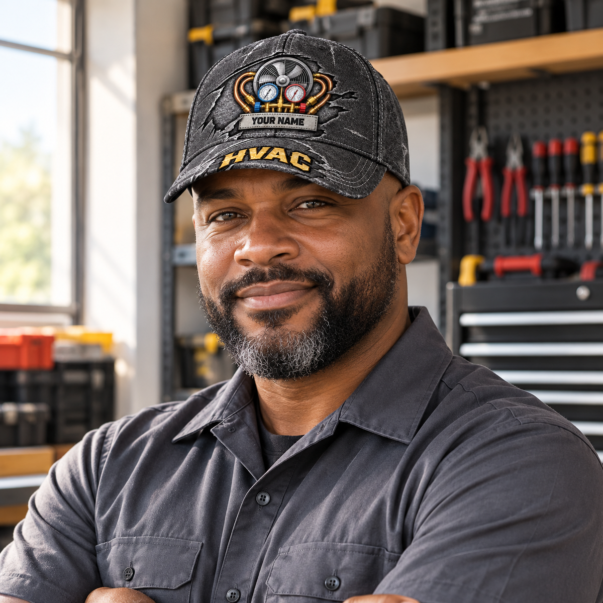 Personalized HVAC Rugged Workshop Baseball Cap worn by an adult HVAC technician during a break