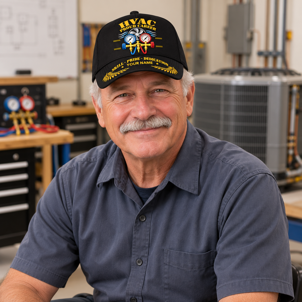 Personalized HVAC Proud Career Baseball Cap worn by an adult HVAC technician during a break