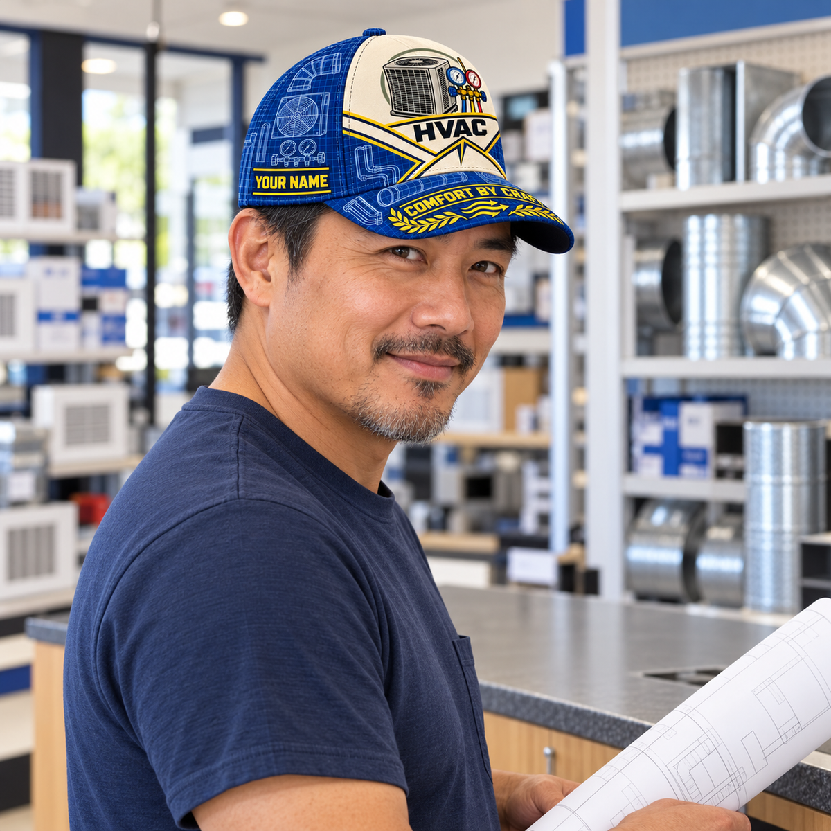 Personalized HVAC Blueprint Geometry Baseball Cap worn by an adult HVAC technician during a break