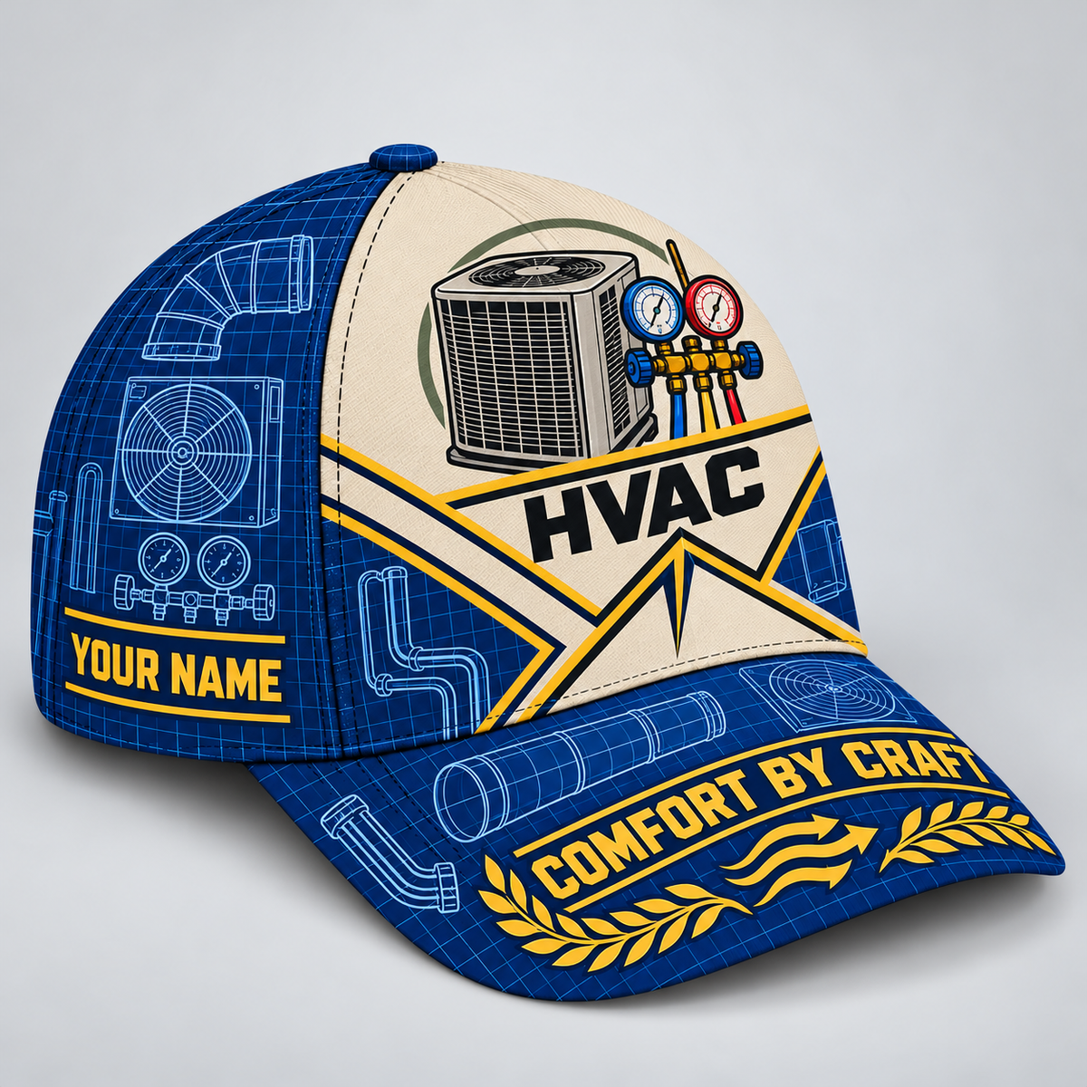 Personalized HVAC Blueprint Geometry Baseball Cap standalone product view