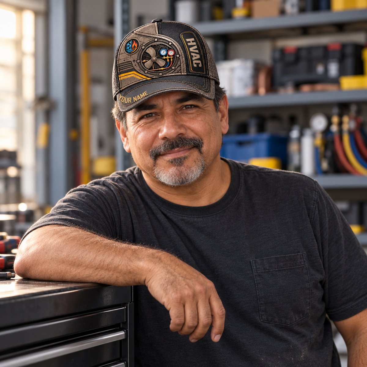 Personalized HVAC Industrial Steel Baseball Cap worn by an adult HVAC technician during a break