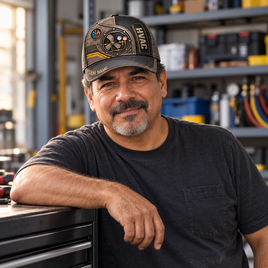 Personalized HVAC Industrial Steel Baseball Cap worn by an adult HVAC technician during a break