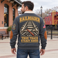 Adult wearing the Grey Railroader True Track sports sweatshirt, back view on the paved forecourt of a railway museum