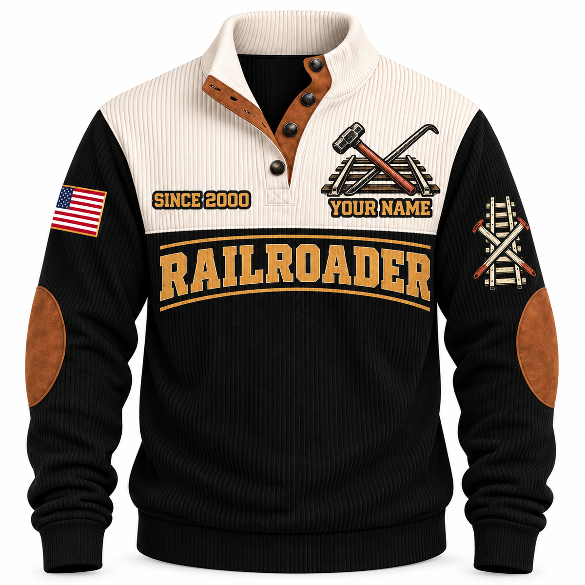 Personalized Railroader True Track Sports Sweatshirt — black standalone front with YOUR NAME and SINCE 2000 preview