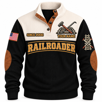 Personalized Railroader True Track Sports Sweatshirt — black standalone front with YOUR NAME and SINCE 2000 preview