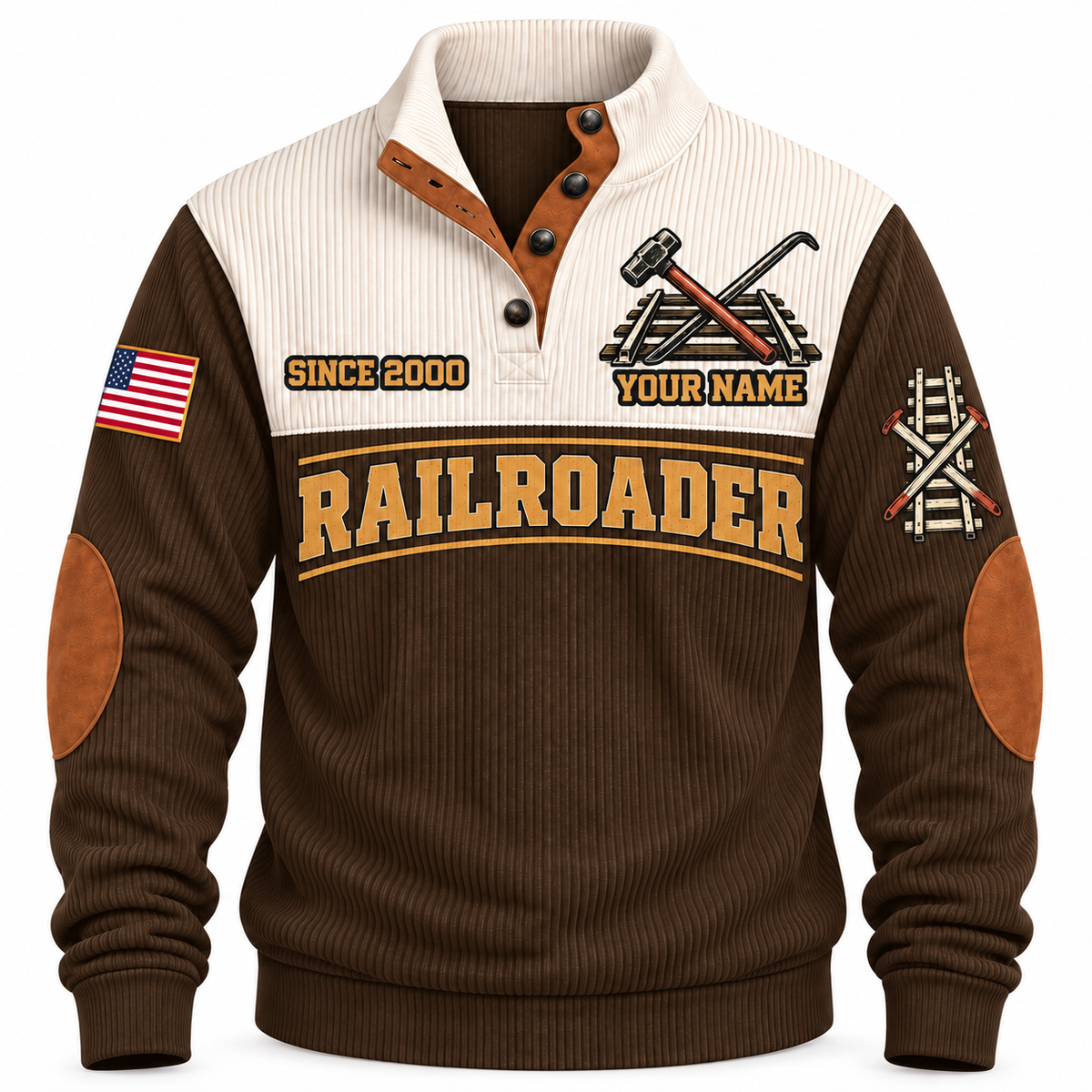 Personalized Railroader True Track Sports Sweatshirt — brown standalone front with YOUR NAME and SINCE 2000 preview
