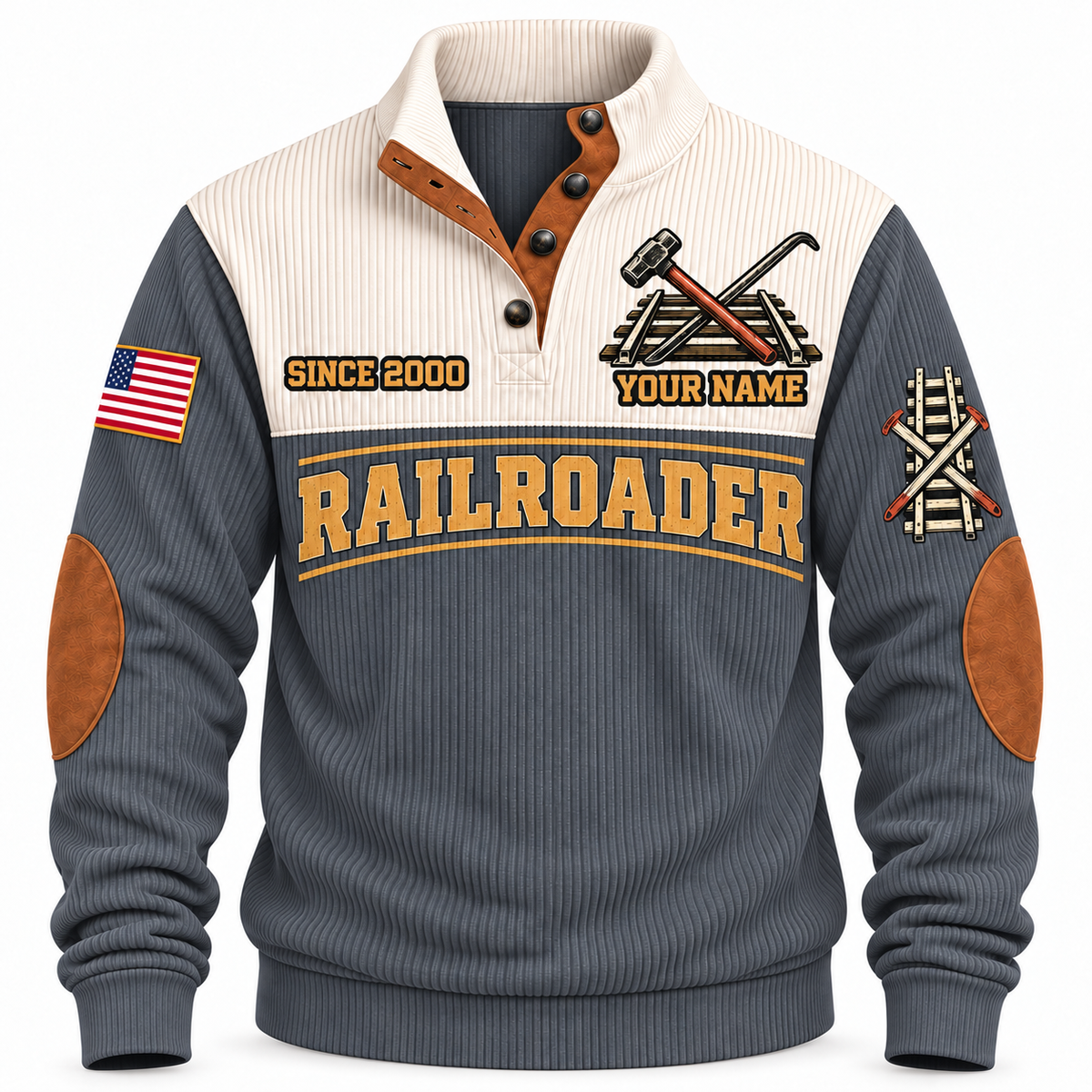 Personalized Railroader True Track Sports Sweatshirt — grey standalone front with YOUR NAME and SINCE 2000 preview