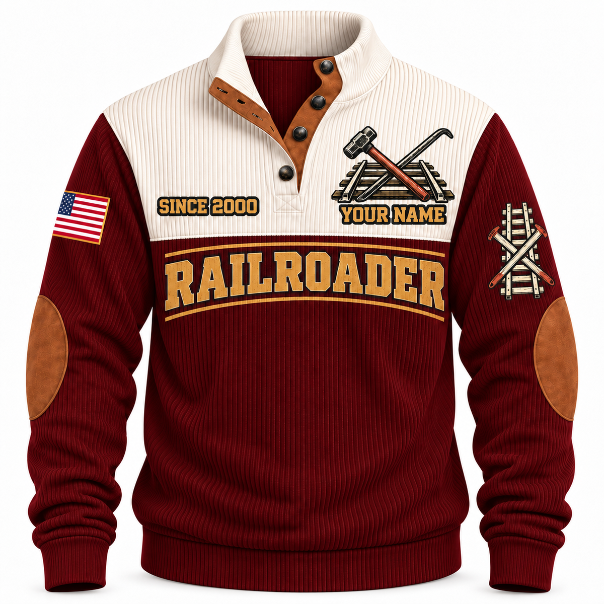 Personalized Railroader True Track Sports Sweatshirt — jujube-red standalone front with YOUR NAME and SINCE 2000 preview