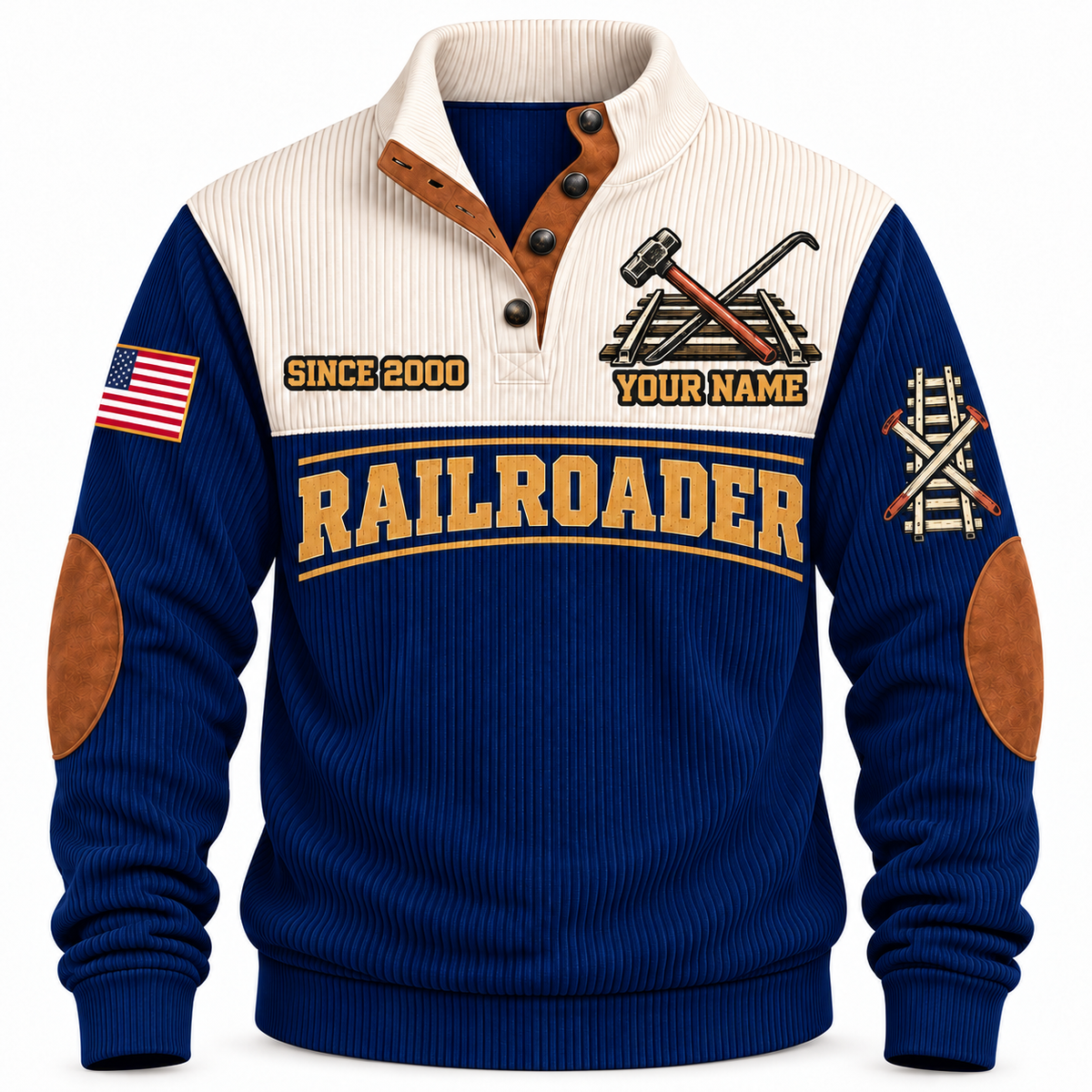 Personalized Railroader True Track Sports Sweatshirt — navy standalone front with YOUR NAME and SINCE 2000 preview