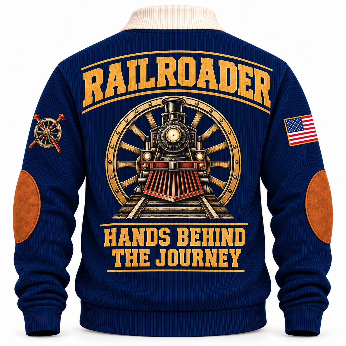 Personalized Railroader Hands Behind the Journey Sports Sweatshirt — navy standalone back artwork detail
