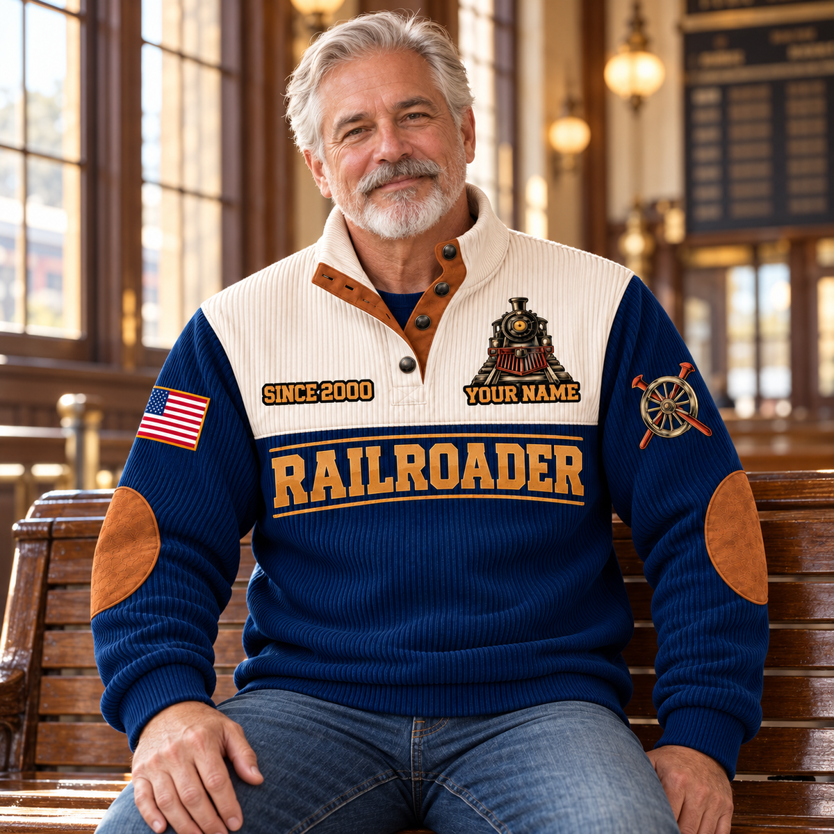 Adult wearing the Navy Railroader Hands Behind the Journey sports sweatshirt, seated in a heritage station waiting room