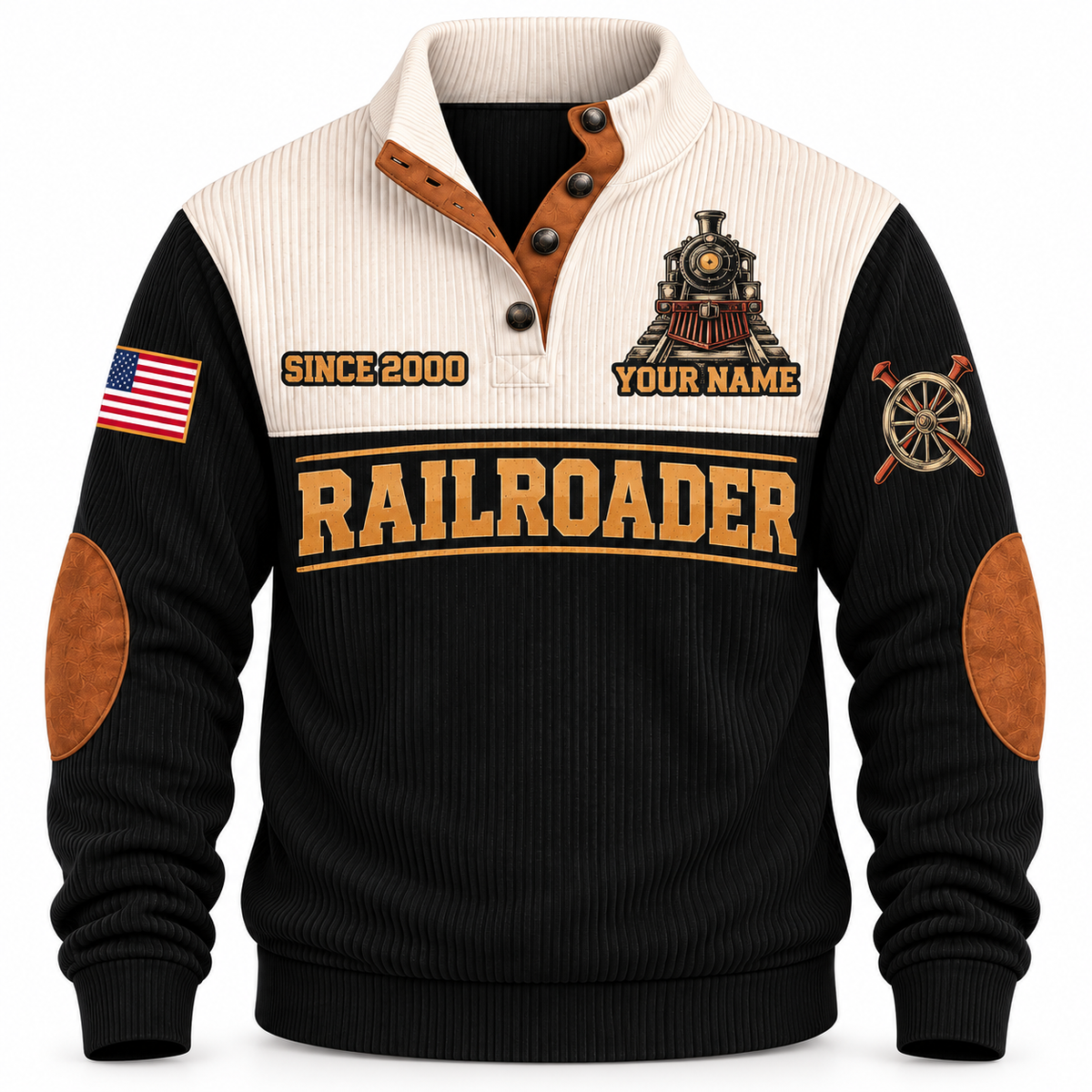 Personalized Railroader Hands Behind the Journey Sports Sweatshirt — black standalone front with YOUR NAME and SINCE 2000 preview