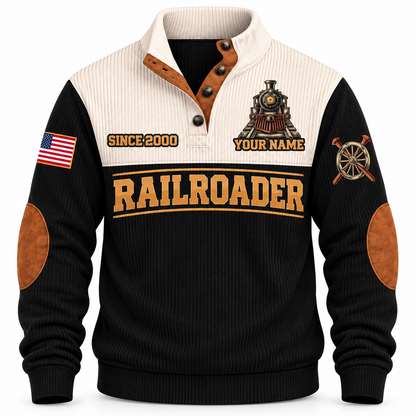 Personalized Railroader Hands Behind the Journey Sports Sweatshirt — black standalone front with YOUR NAME and SINCE 2000 preview