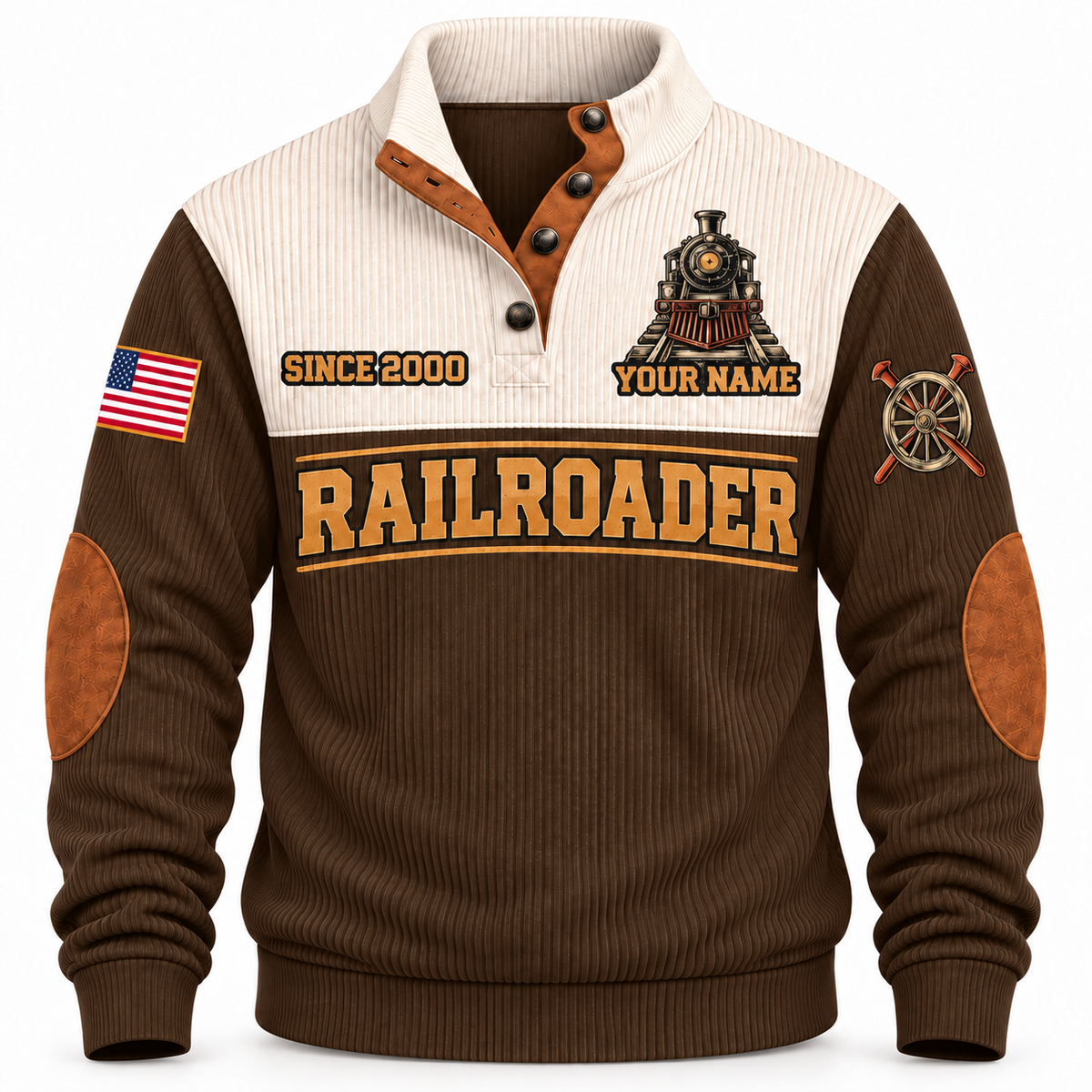 Personalized Railroader Hands Behind the Journey Sports Sweatshirt — brown standalone front with YOUR NAME and SINCE 2000 preview