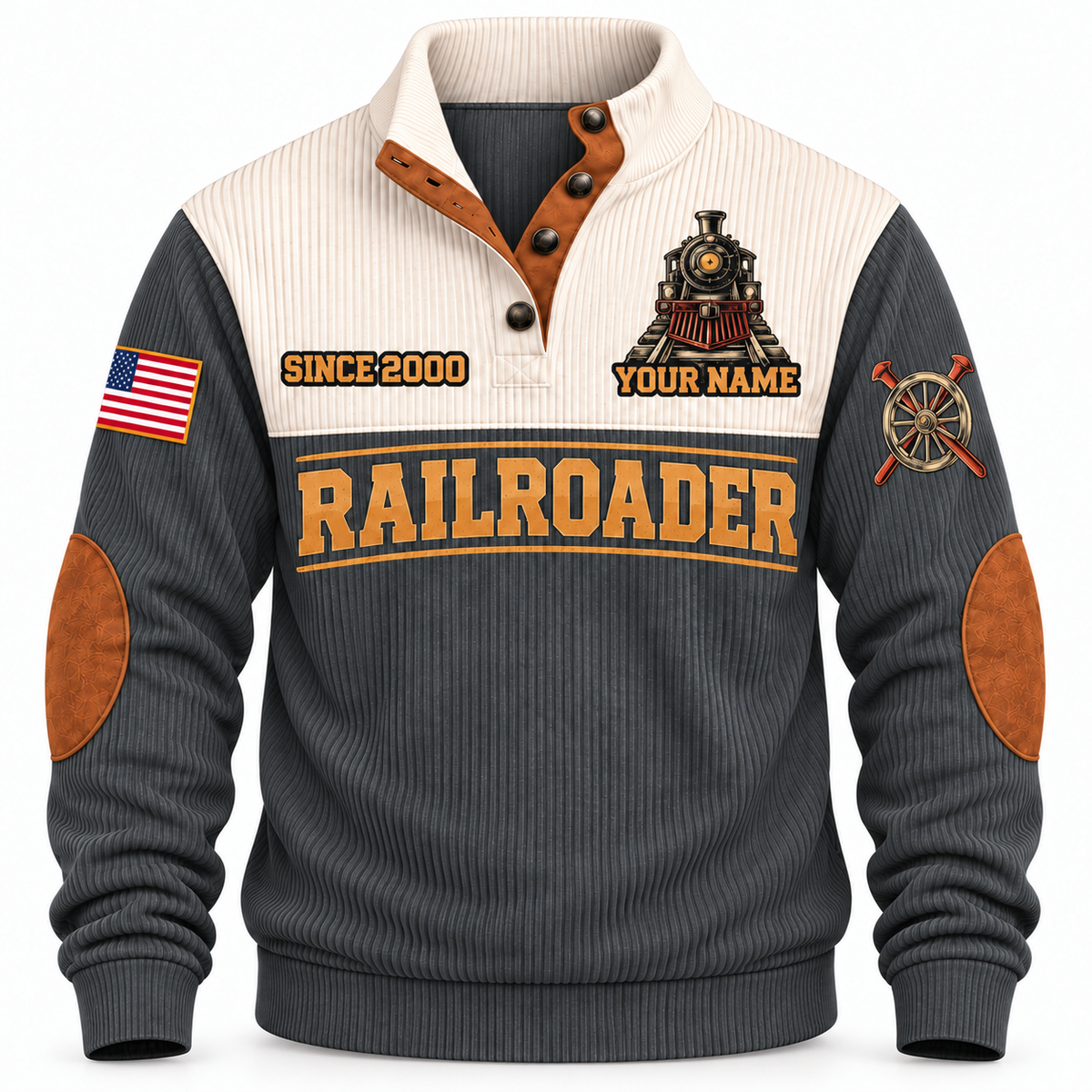 Personalized Railroader Hands Behind the Journey Sports Sweatshirt — grey standalone front with YOUR NAME and SINCE 2000 preview