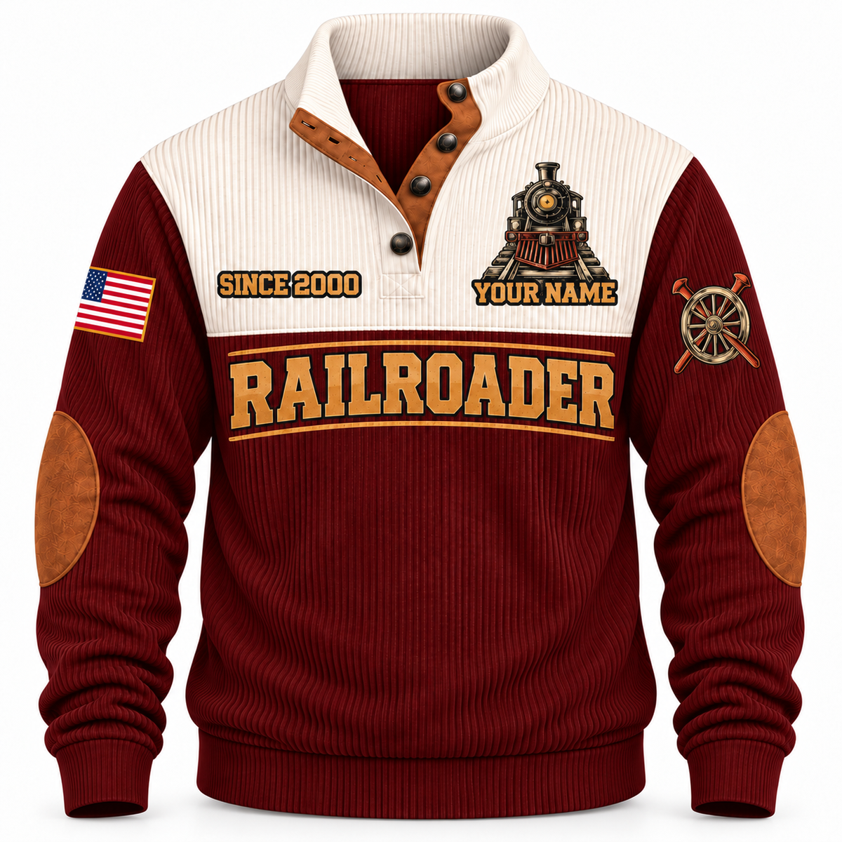 Personalized Railroader Hands Behind the Journey Sports Sweatshirt — jujube red standalone front with YOUR NAME and SINCE 2000 preview