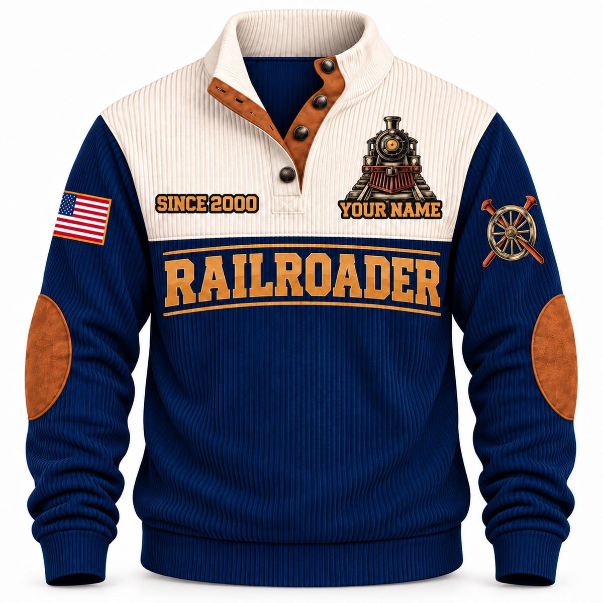 Personalized Railroader Hands Behind the Journey Sports Sweatshirt — navy standalone front with YOUR NAME and SINCE 2000 preview
