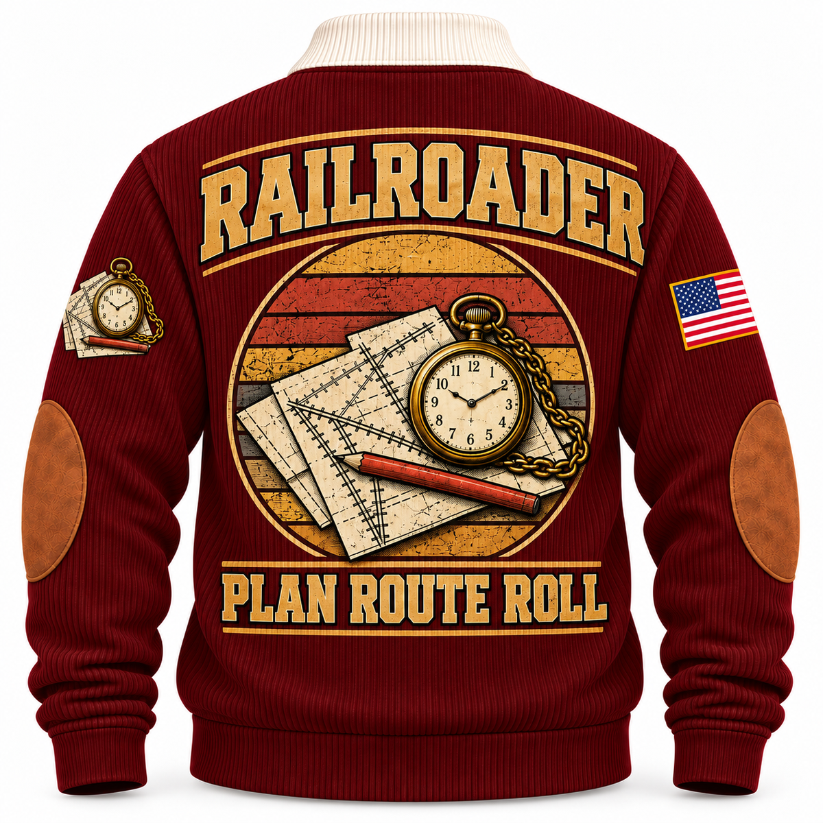 Personalized Railroader Plan Route Roll Sports Sweatshirt — jujube red standalone back artwork detail
