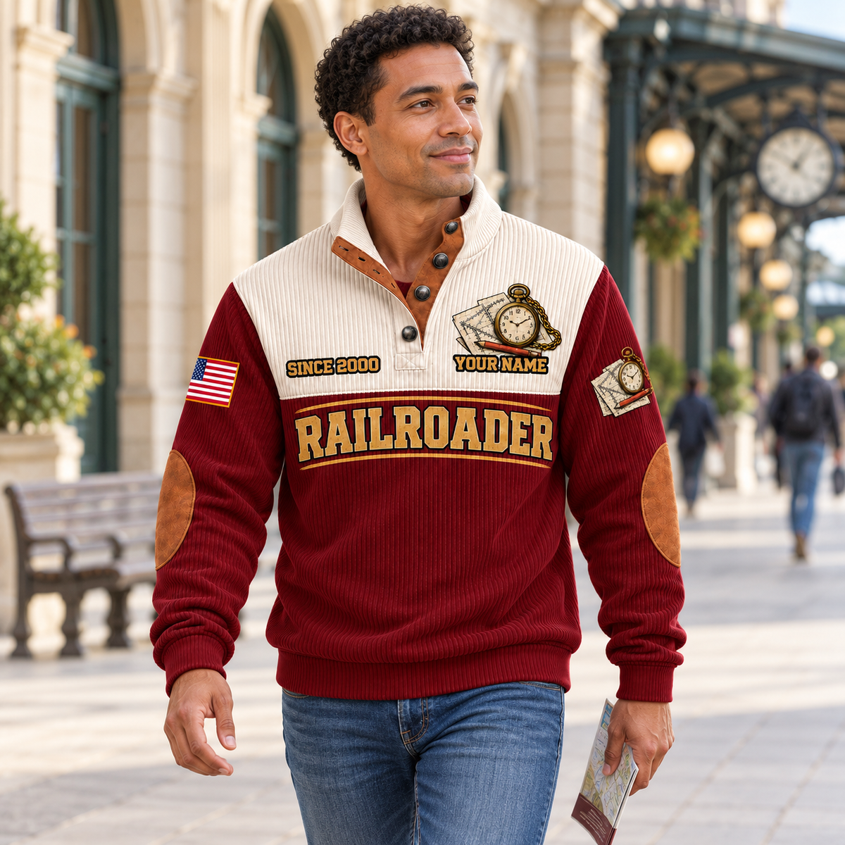 Adult wearing the Jujube Red Railroader Plan Route Roll sports sweatshirt while walking through a public station concourse