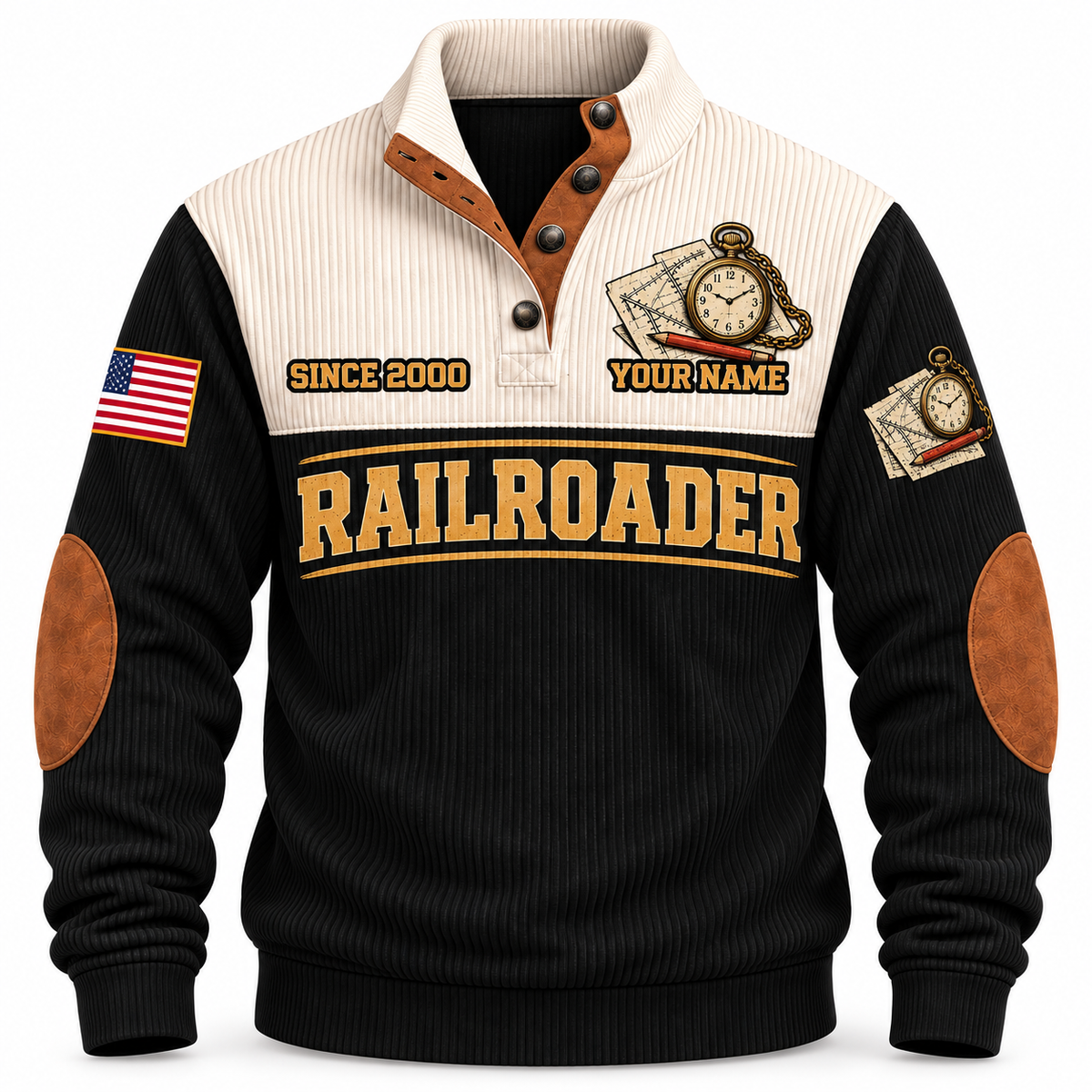 Personalized Railroader Plan Route Roll Sports Sweatshirt — black standalone front with YOUR NAME and SINCE 2000 preview