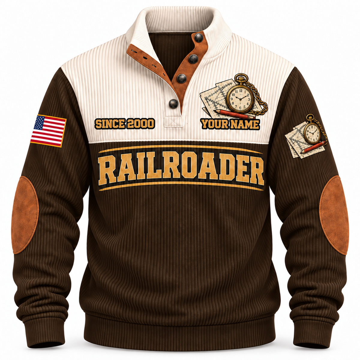 Personalized Railroader Plan Route Roll Sports Sweatshirt — brown standalone front with YOUR NAME and SINCE 2000 preview