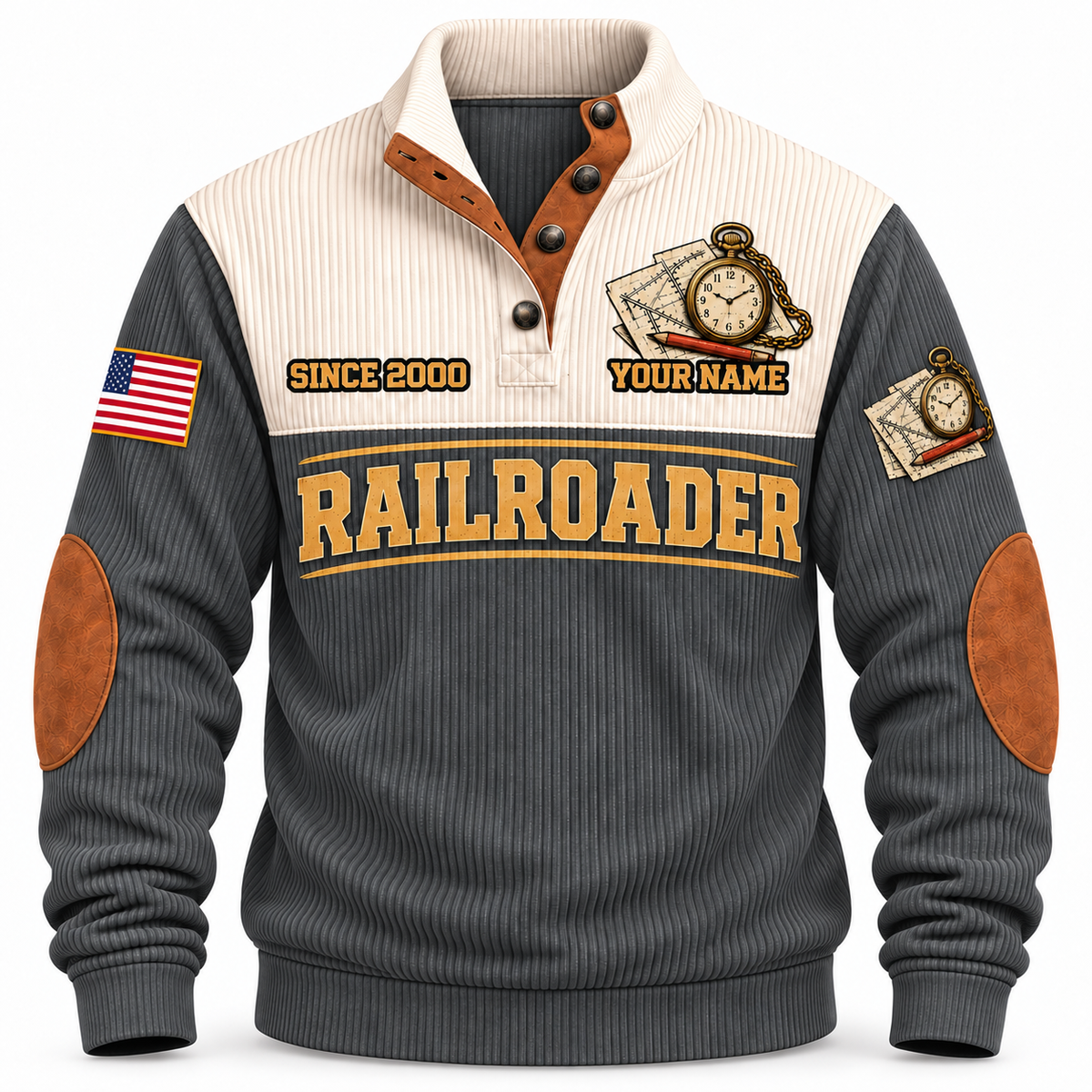 Personalized Railroader Plan Route Roll Sports Sweatshirt — grey standalone front with YOUR NAME and SINCE 2000 preview
