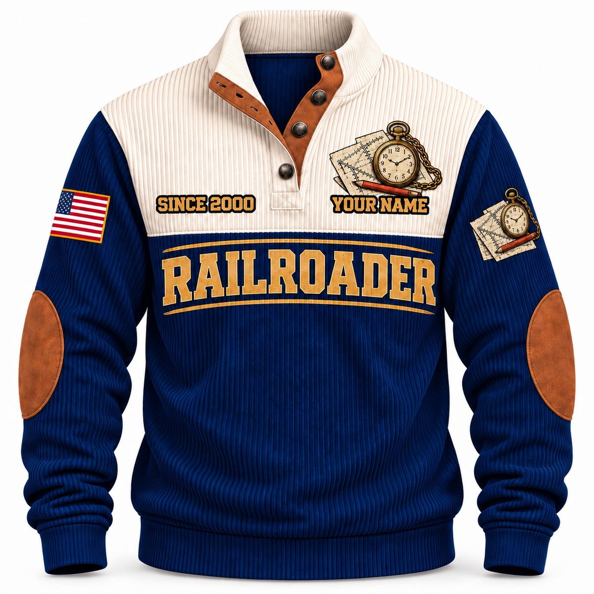 Personalized Railroader Plan Route Roll Sports Sweatshirt — navy standalone front with YOUR NAME and SINCE 2000 preview