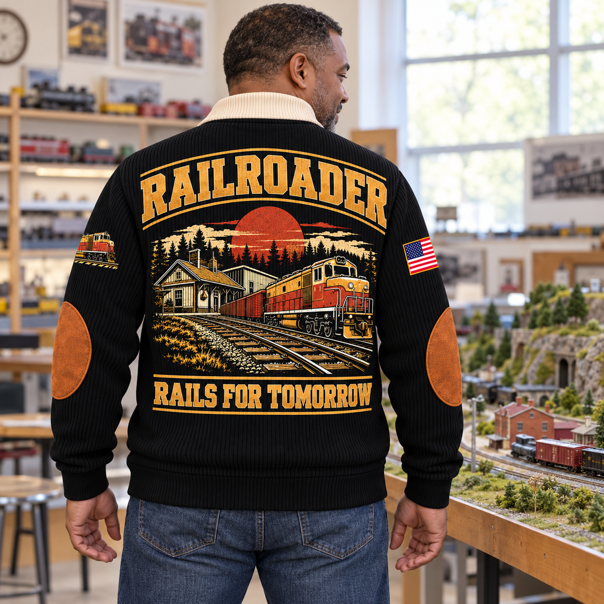Adult wearing the Black Railroader Rails for Tomorrow sports sweatshirt, back view beside a miniature railway layout in a hobby club room