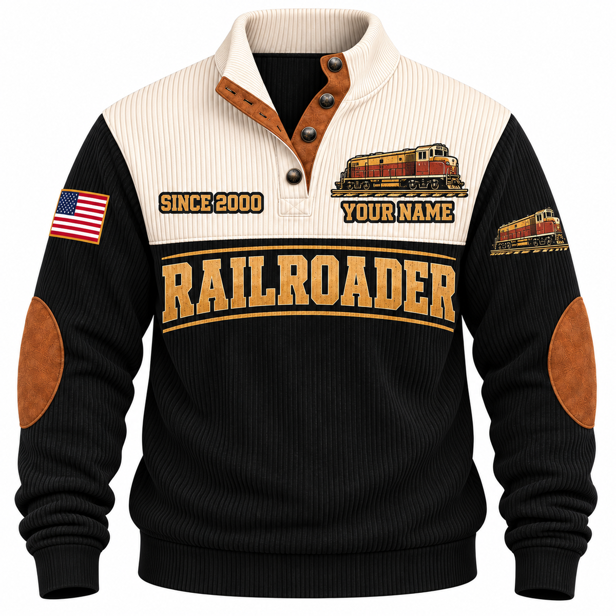 Personalized Railroader Rails for Tomorrow Sports Sweatshirt — black standalone front with YOUR NAME and SINCE 2000 preview