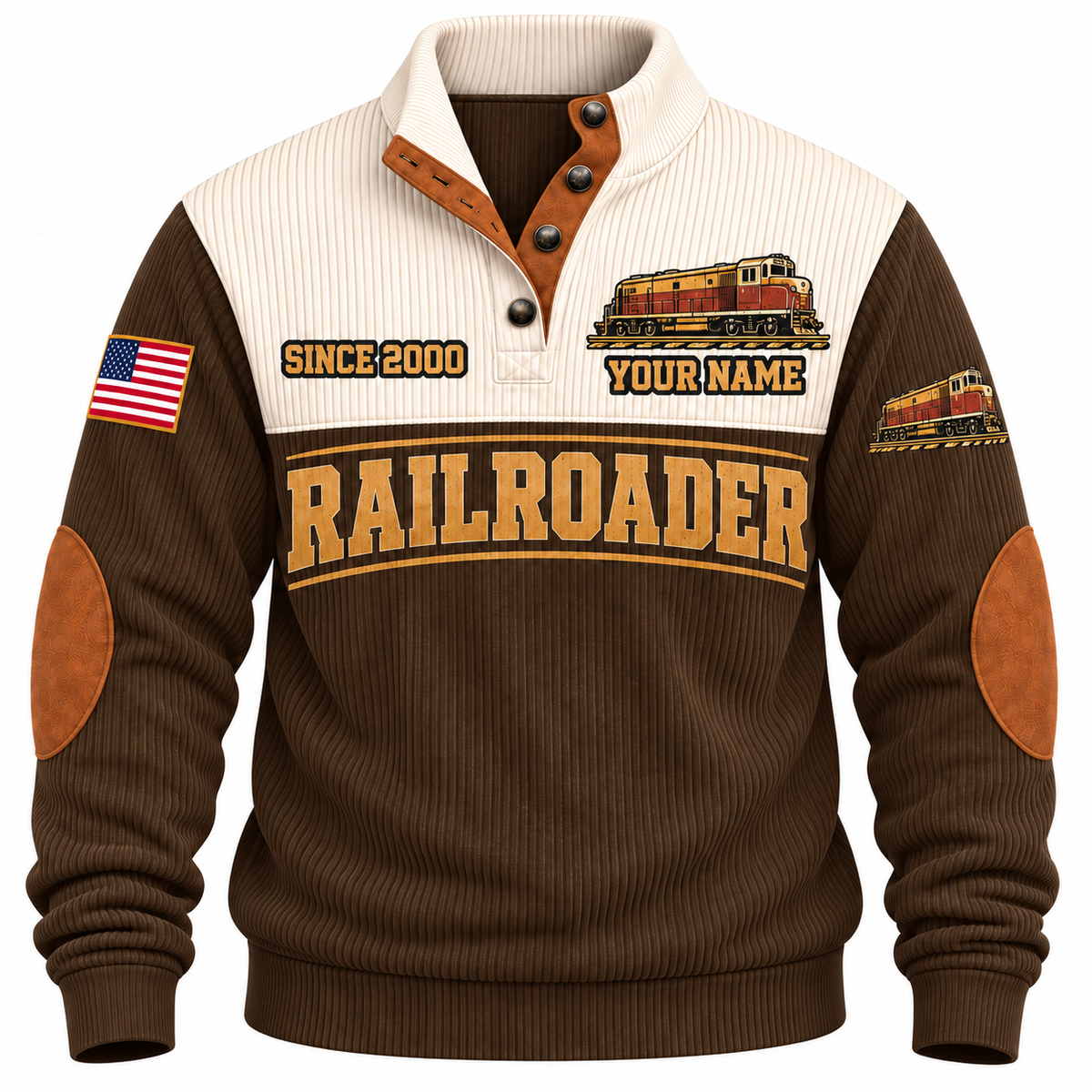 Personalized Railroader Rails for Tomorrow Sports Sweatshirt — brown standalone front with YOUR NAME and SINCE 2000 preview