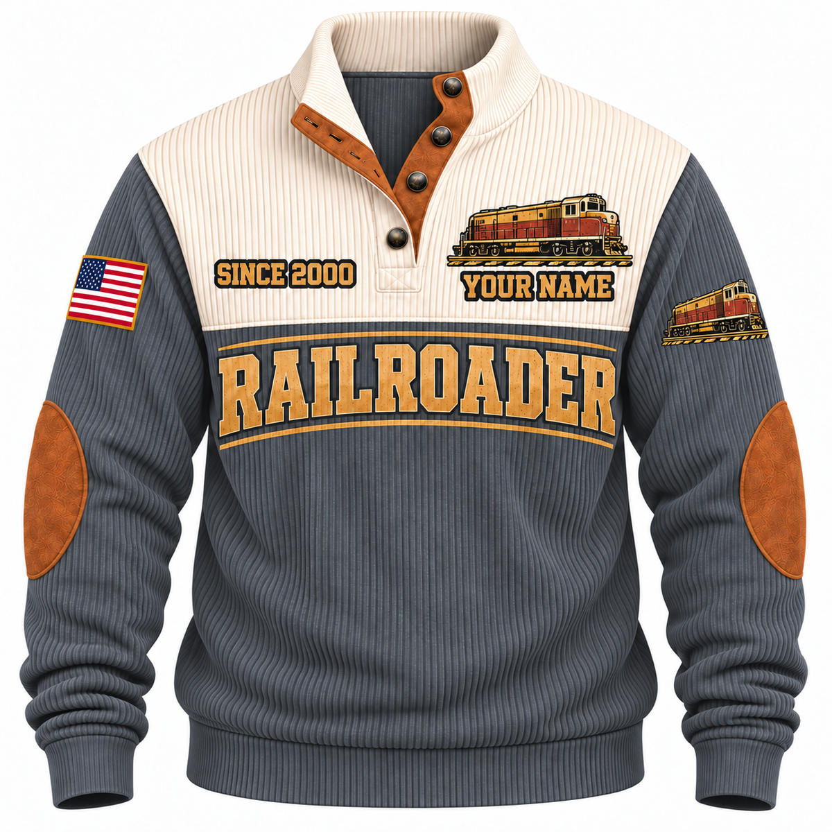 Personalized Railroader Rails for Tomorrow Sports Sweatshirt — grey standalone front with YOUR NAME and SINCE 2000 preview
