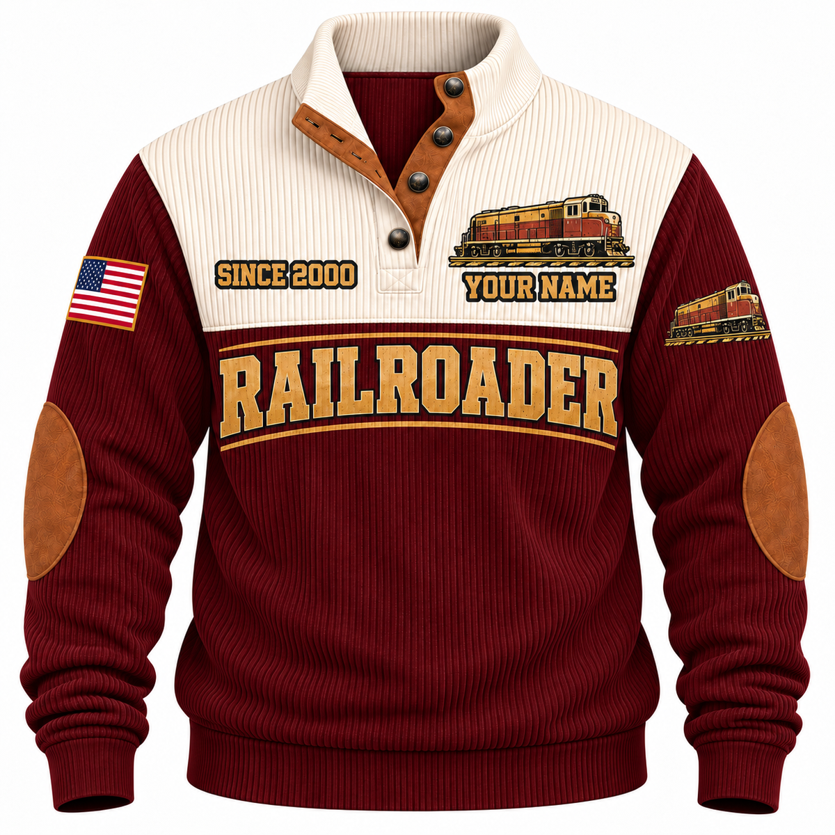 Personalized Railroader Rails for Tomorrow Sports Sweatshirt — jujube red standalone front with YOUR NAME and SINCE 2000 preview