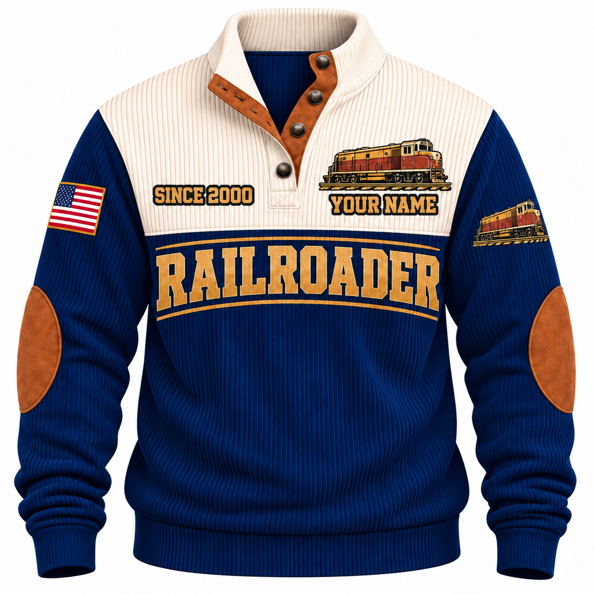 Personalized Railroader Rails for Tomorrow Sports Sweatshirt — navy standalone front with YOUR NAME and SINCE 2000 preview