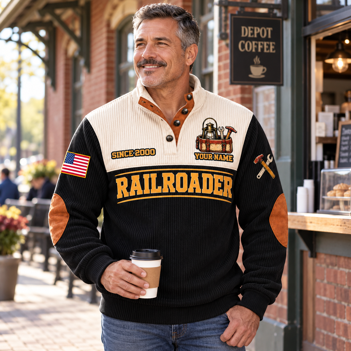 Adult wearing the black Railroader Track Crew sports sweatshirt in a safe off-duty railway-inspired setting