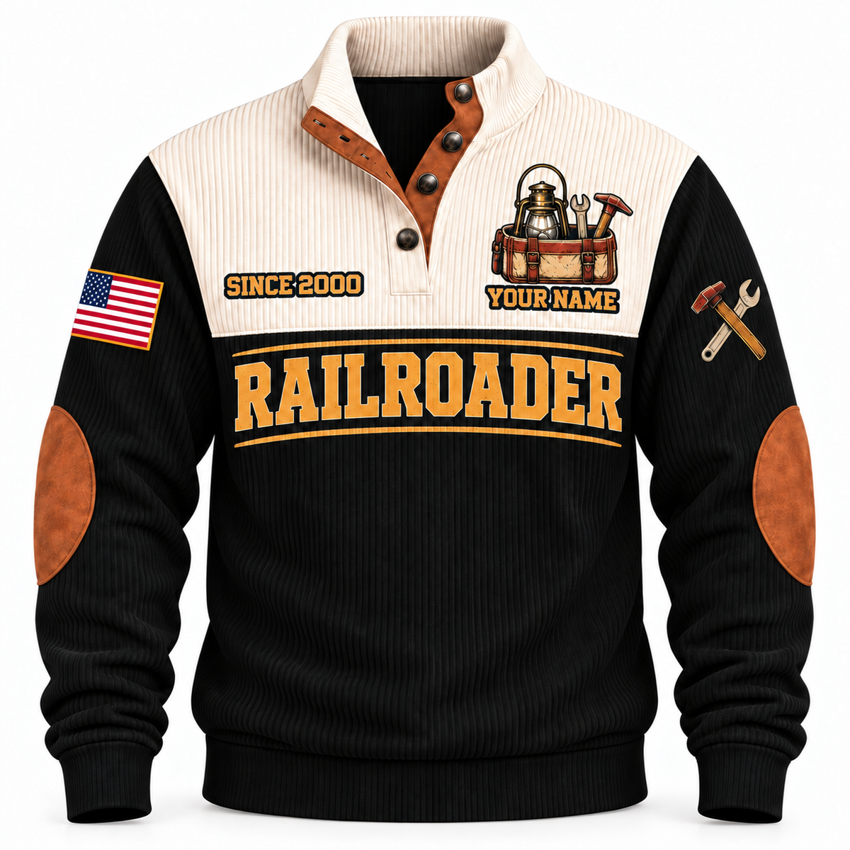 Personalized Railroader Track Crew Sports Sweatshirt — black standalone front with YOUR NAME and SINCE 2000 preview