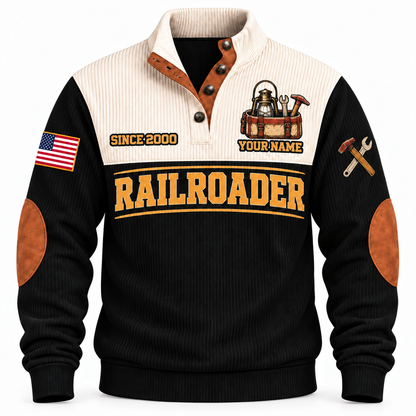 Personalized Railroader Track Crew Sports Sweatshirt — black standalone front with YOUR NAME and SINCE 2000 preview