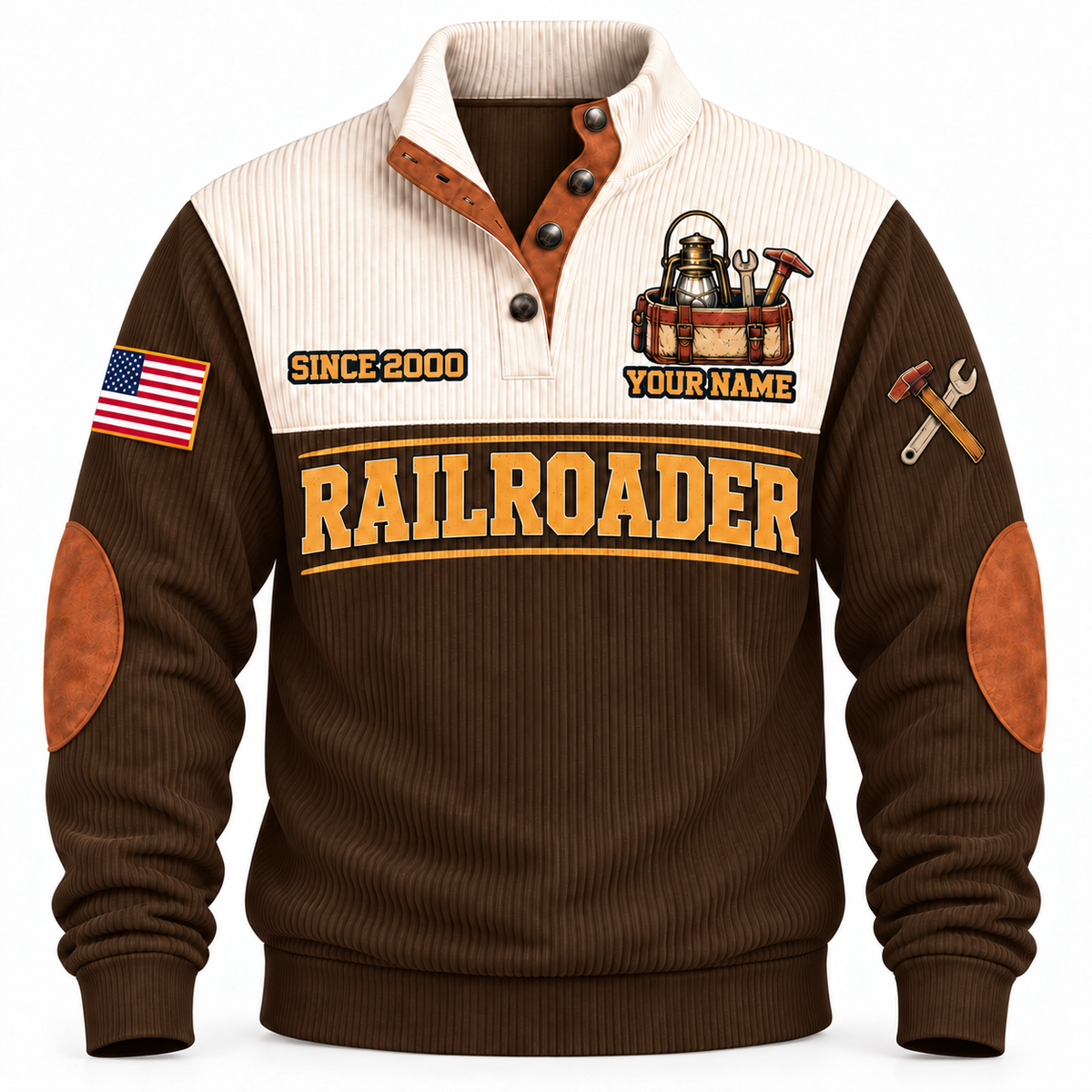 Personalized Railroader Track Crew Sports Sweatshirt — brown standalone front with YOUR NAME and SINCE 2000 preview