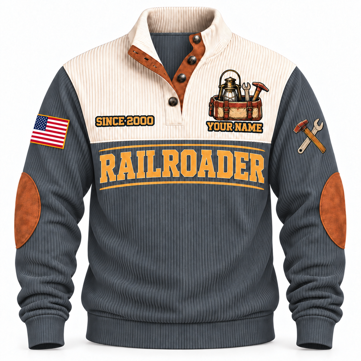 Personalized Railroader Track Crew Sports Sweatshirt — grey standalone front with YOUR NAME and SINCE 2000 preview