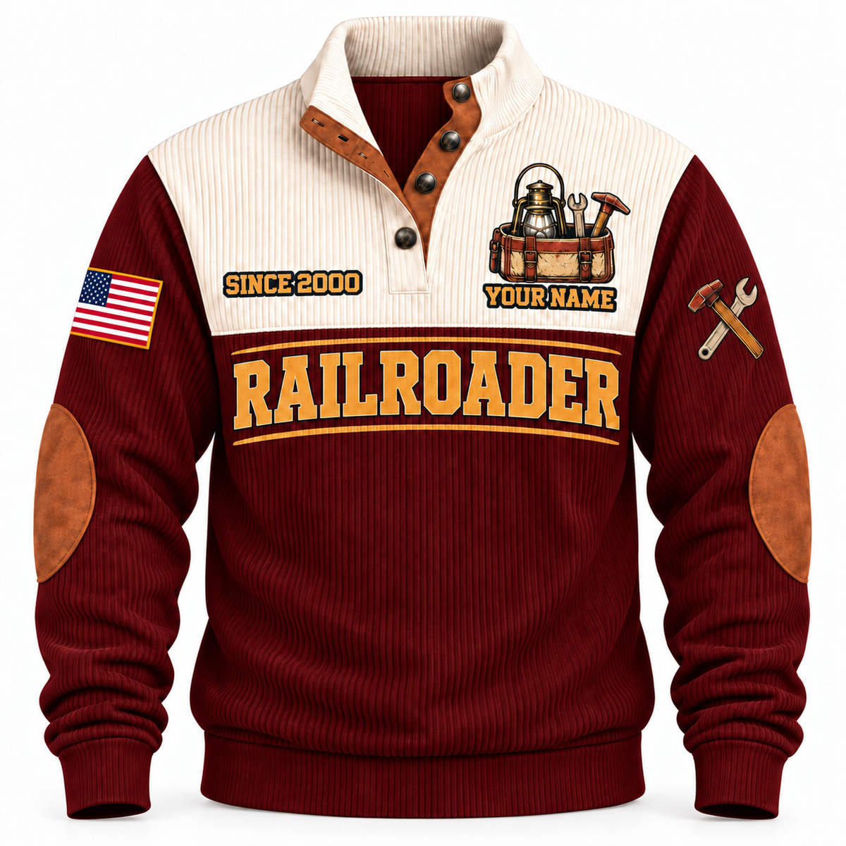 Personalized Railroader Track Crew Sports Sweatshirt — jujube red standalone front with YOUR NAME and SINCE 2000 preview
