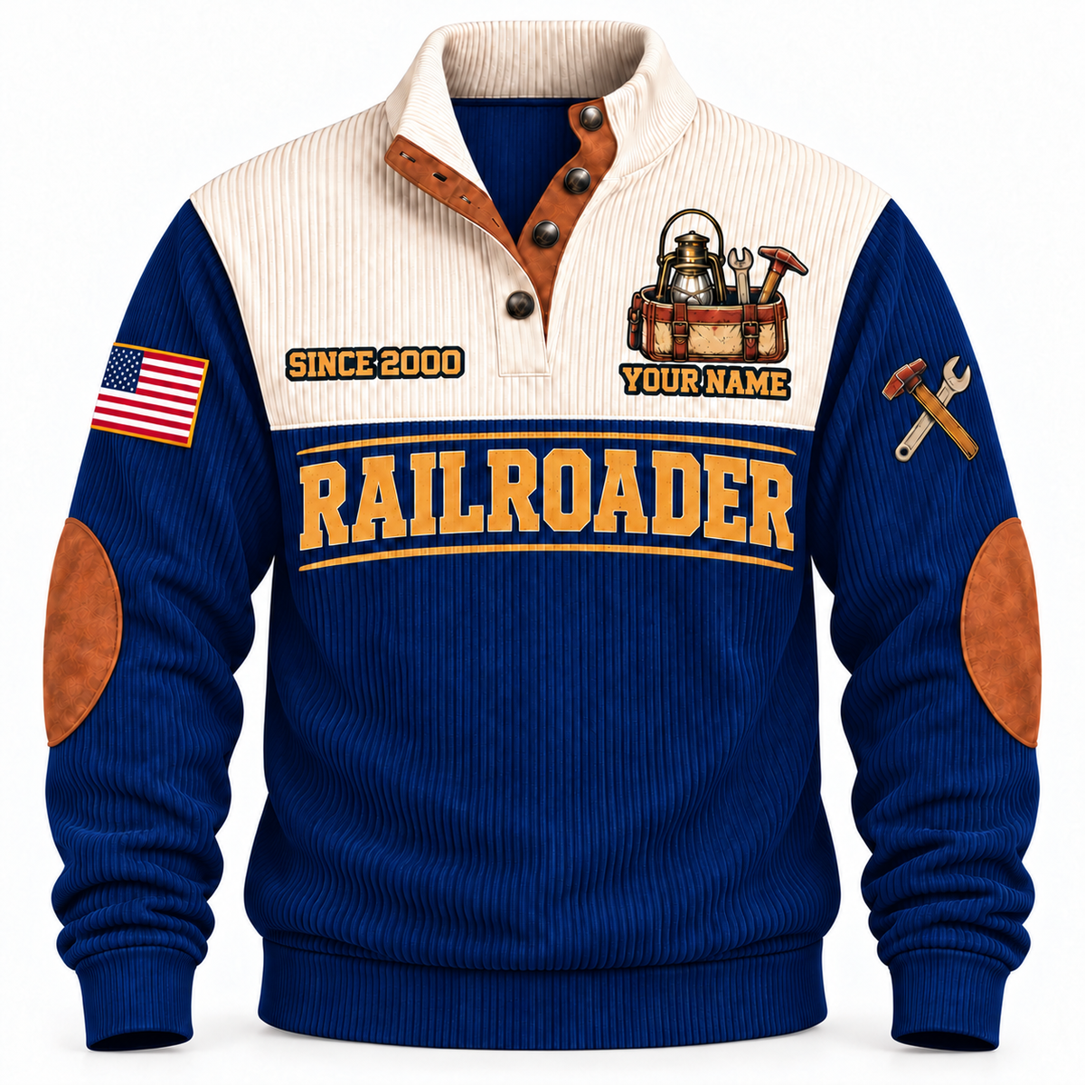 Personalized Railroader Track Crew Sports Sweatshirt — navy standalone front with YOUR NAME and SINCE 2000 preview