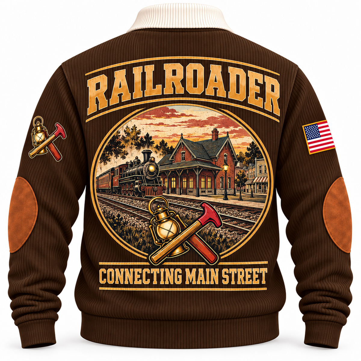 Personalized Railroader Main Street Connection Sports Sweatshirt — brown standalone back artwork detail