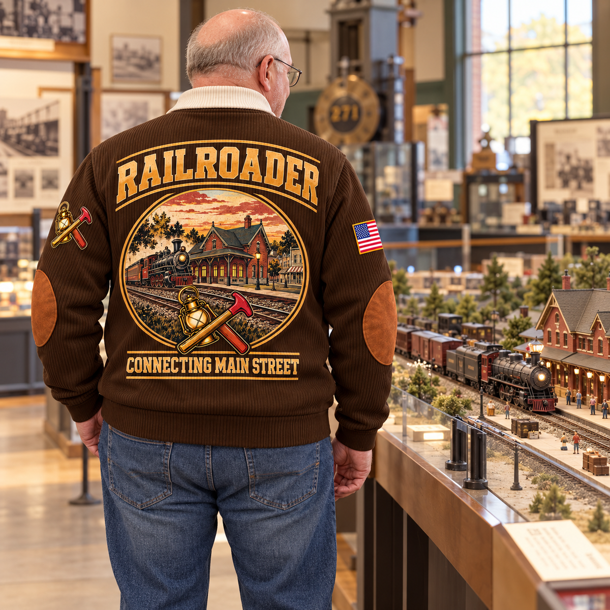 Adult wearing the brown Railroader Main Street Connection sports sweatshirt in a safe off-duty railway-inspired setting