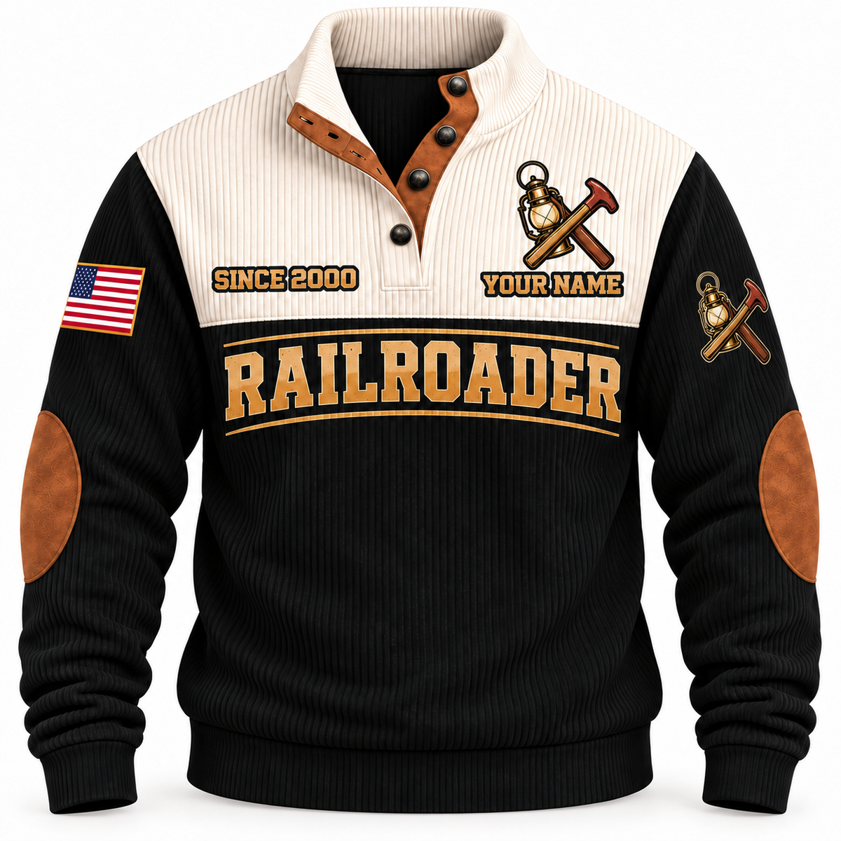 Personalized Railroader Main Street Connection Sports Sweatshirt — black standalone front with YOUR NAME and SINCE 2000 preview
