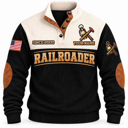 Personalized Railroader Main Street Connection Sports Sweatshirt — black standalone front with YOUR NAME and SINCE 2000 preview