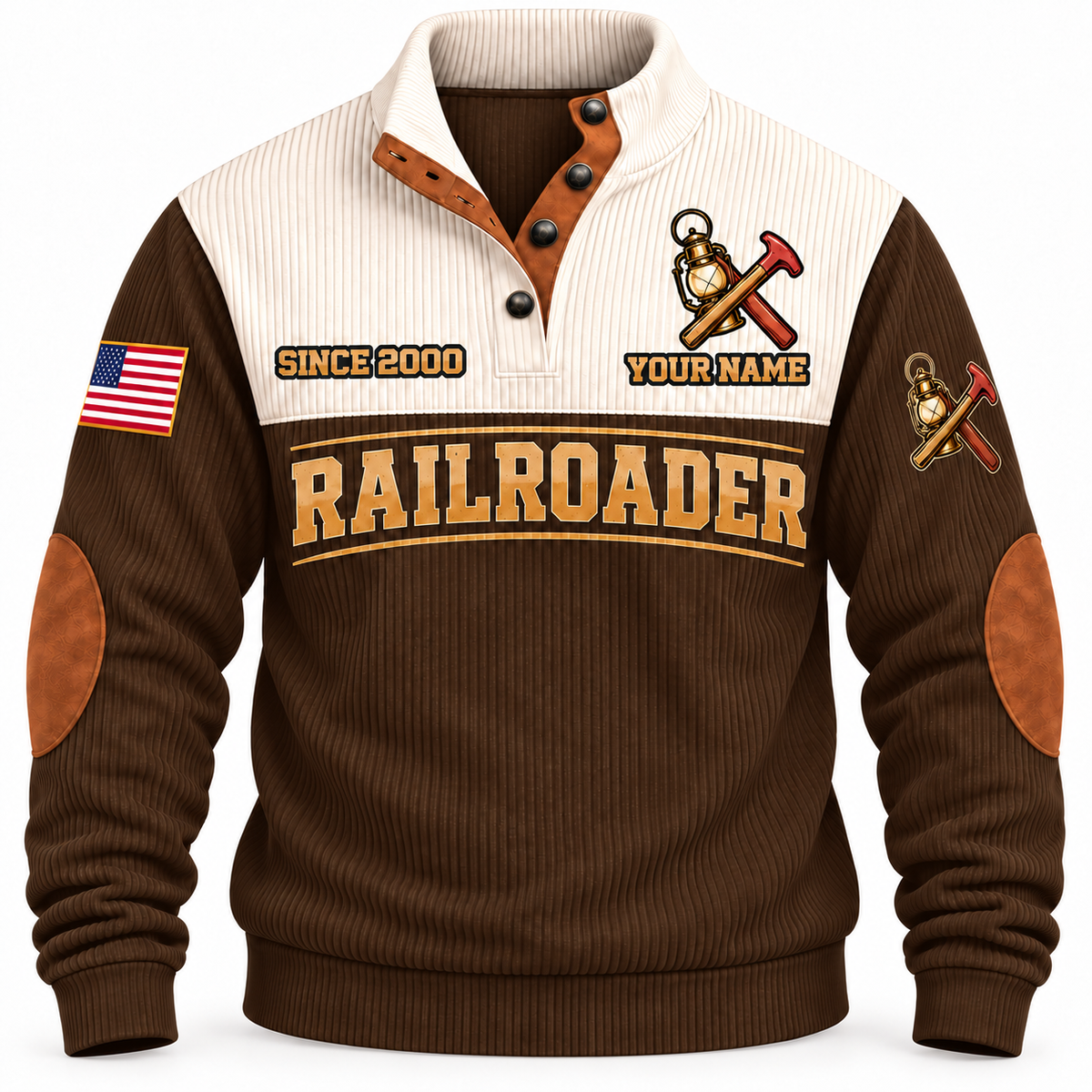 Personalized Railroader Main Street Connection Sports Sweatshirt — brown standalone front with YOUR NAME and SINCE 2000 preview