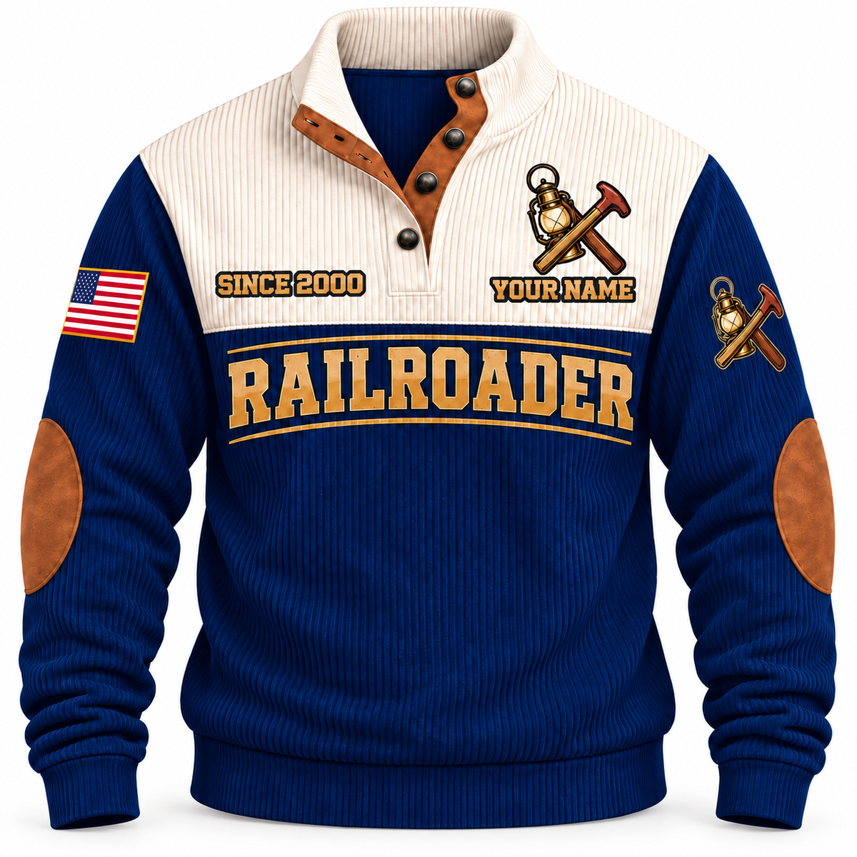 Personalized Railroader Main Street Connection Sports Sweatshirt — navy standalone front with YOUR NAME and SINCE 2000 preview